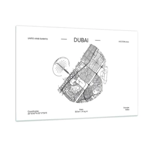 Obraz na szkle - Minimalistyczna mapa Dubaju w czarno-białej stylistyce - 120x80cm - Anatomia Dubaju - Nowoczesna dekoracja ścienna do salonu, kuchni i sypialni ARTTOR