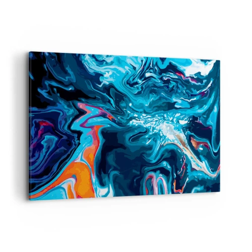 Obraz na płótnie - Abstrakcyjny wzór w odcieniach niebieskiego z akcentami pomarańczu - 100x70cm - Podróż do wnętrza nieba - Nowoczesna dekoracja ścienna do salonu, kuchni i sypialni ARTTOR