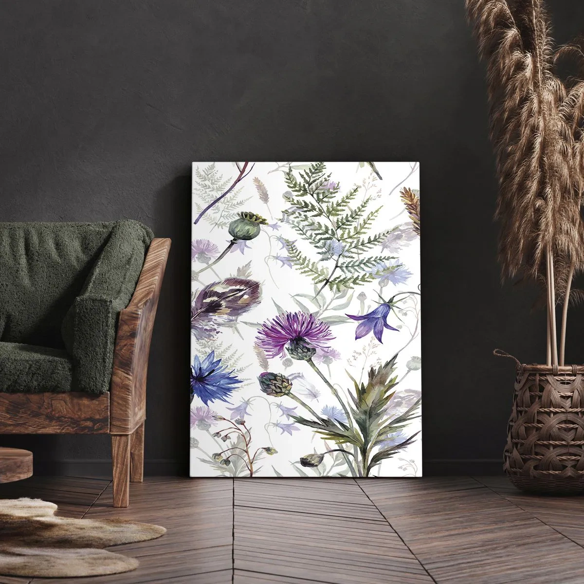 Obraz na płótnie - Akwarelowe kwiaty i zioła na białym tle w stylu zielnika - 70x100cm - Polski zielnik - Nowoczesna dekoracja ścienna do salonu i sypialni ARTTOR