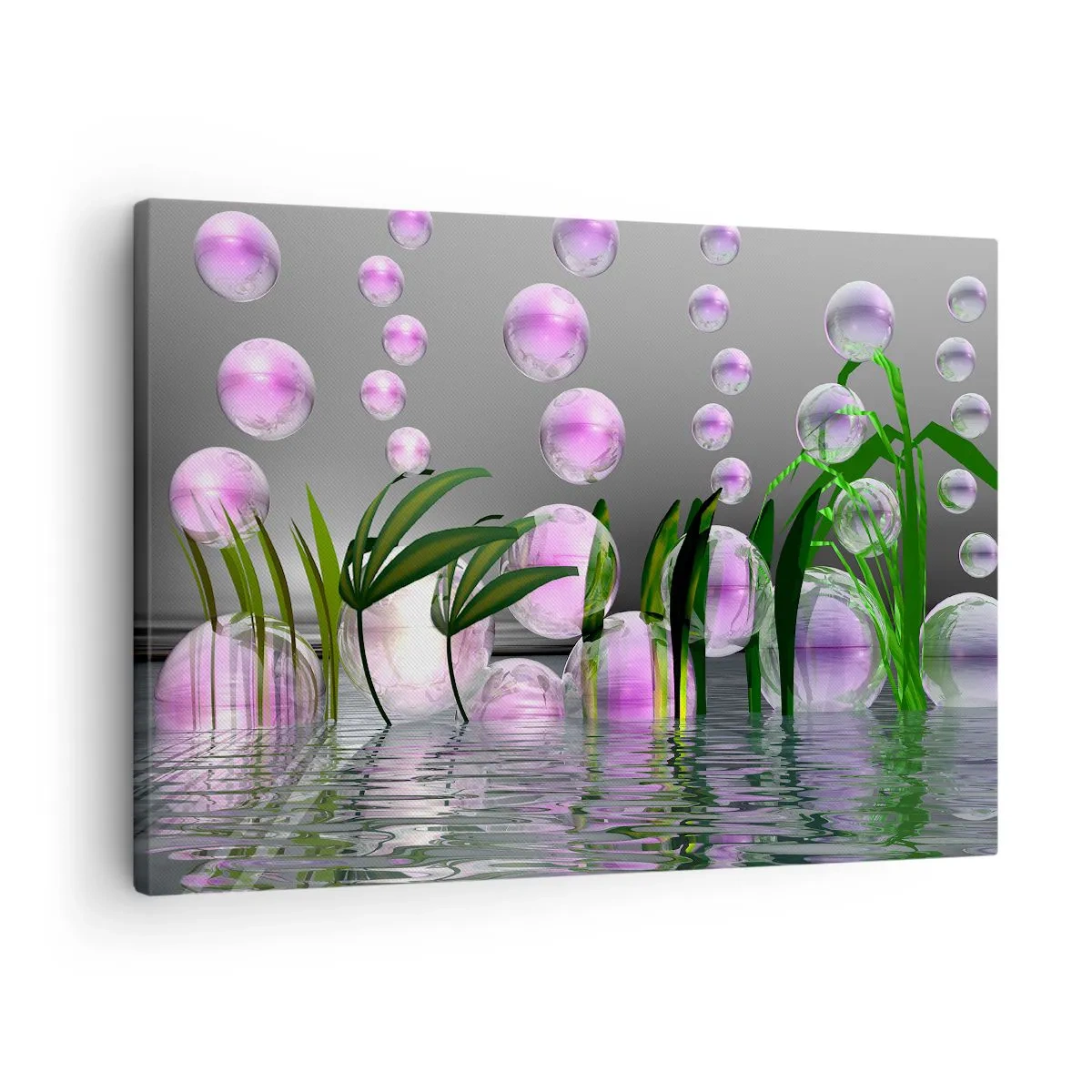 Obraz na płótnie - Zielone liście i różowe bańki nad wodą na tle szarym - 70x50cm - Refleksyjna kompozycja lekkości i życia - Nowoczesna dekoracja ścienna do salonu i sypialni ARTTOR