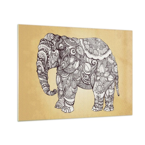 Obraz na szkle - Czarno-biały słoń w orientalne wzory na beżowym tle - 70x50cm - Słoń się zasłonił - Nowoczesna dekoracja ścienna do salonu i sypialni ARTTOR