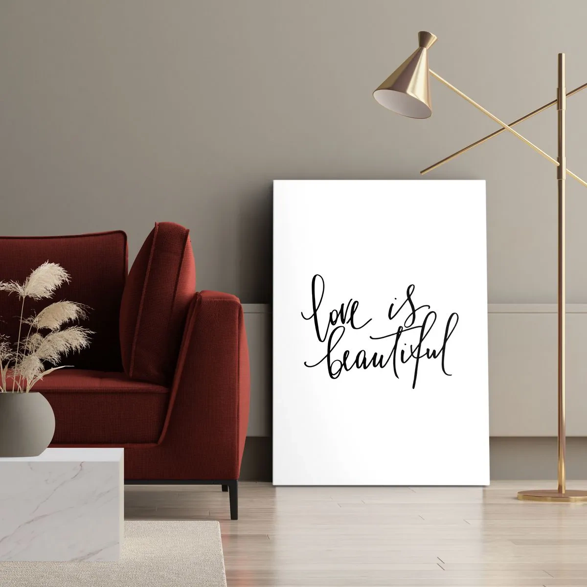 Obraz na płótnie - Czarny napis love is beautiful na białym tle - 80x120cm - Czytaj i powtarzaj - Nowoczesna dekoracja ścienna do salonu i sypialni ARTTOR