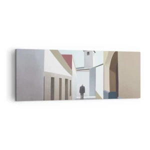 Obraz na płótnie - Minimalistyczna uliczka z sylwetką mężczyzny w tle - 140x50cm - Słoneczny spacer - Nowoczesna dekoracja ścienna do salonu i sypialni ARTTOR