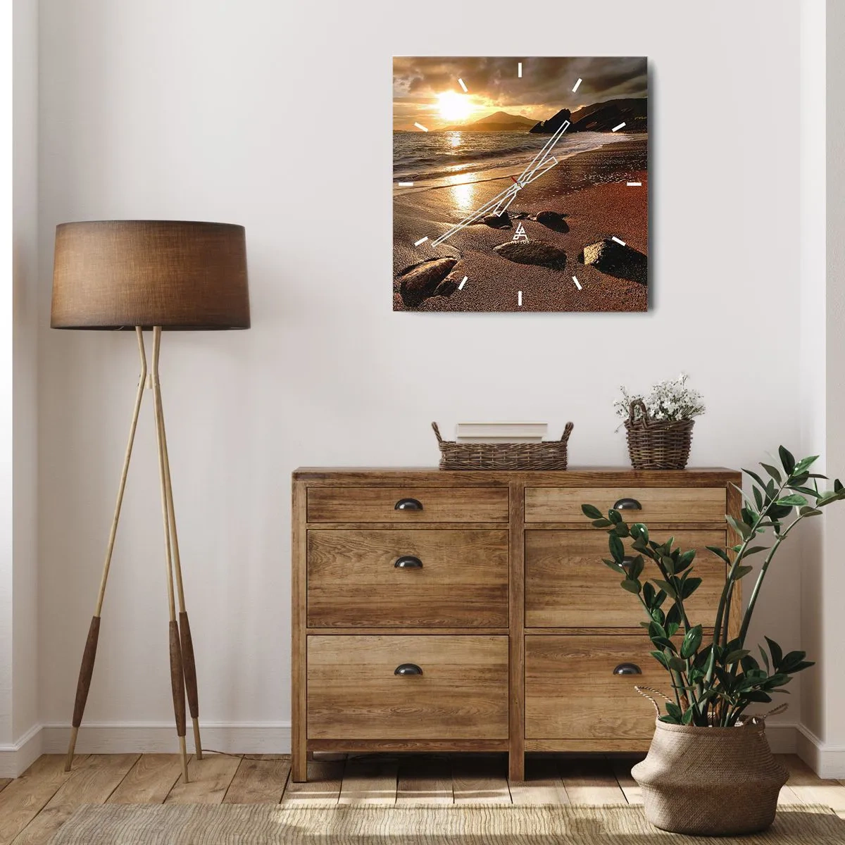 Zegar ścienny - Plaża o zachodzie słońca z kamieniami na brzegu - 30x30cm - Idź za słońcem ku wzgórzom - Nowoczesna dekoracja ścienna do salonu i sypialni ARTTOR
