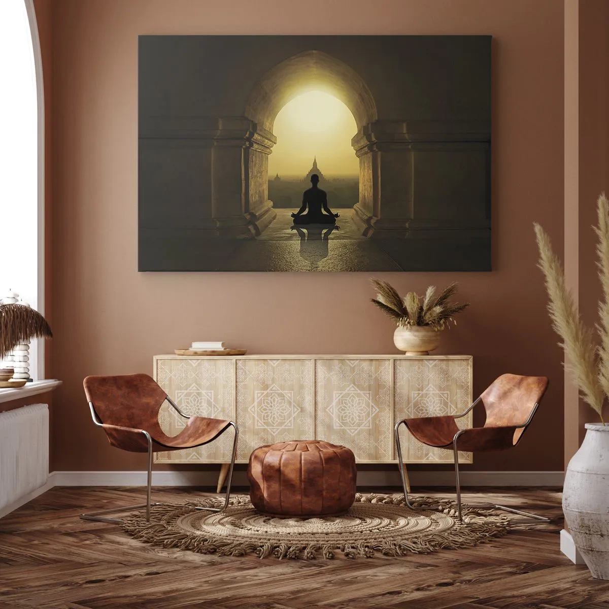 Obraz na płótnie - Sylwetka medytującej osoby w świetle zachodzącego słońca - 70x50cm - Pełna harmonia - Nowoczesna dekoracja ścienna do salonu i sypialni ARTTOR