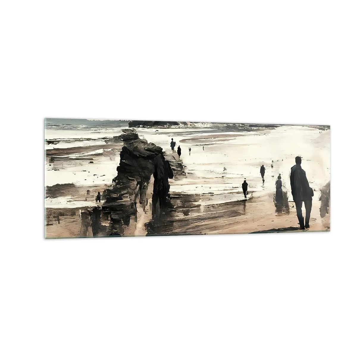 Obraz na szkle - Spacerowicze na plaży w spokojnym pejzażu - 140x50cm - Przywołani - Nowoczesna dekoracja ścienna do salonu i sypialni ARTTOR