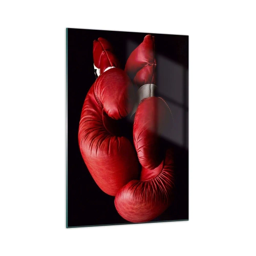 Obraz na szkle - Czerwone rękawice bokserskie na czarnym tle - 70x100cm - Emocje walki za nami - Nowoczesna dekoracja ścienna do salonu i sypialni ARTTOR