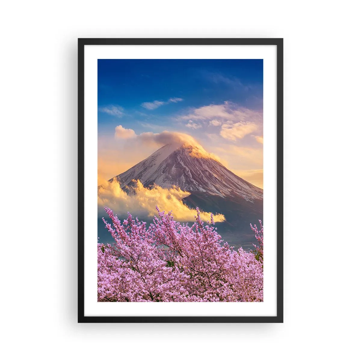 Plakat w czarnej ramie - Góra Fuji w otoczeniu kwitnącej wiśni o zachodzie słońca - 50x70cm - Japońska świętość - Nowoczesna dekoracja ścienna do salonu i sypialni ARTTOR