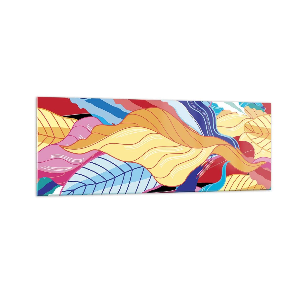 Obraz na szkle - Barwne liście w żywych kolorach tworzące dynamiczną kompozycję - 140x50cm - Kolorowy bałagan - Nowoczesna dekoracja ścienna do salonu i sypialni ARTTOR