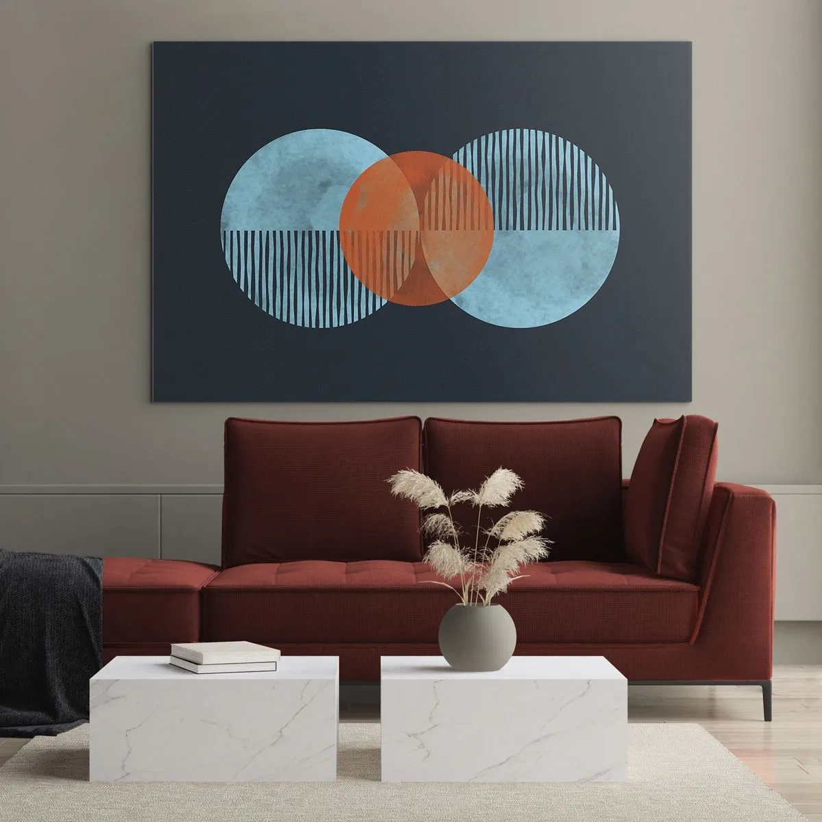 Obraz na szkle - Kolorowe koła z pionowymi liniami na ciemnym tle - 70x50cm - Kompozycja symetryczna - Nowoczesna dekoracja ścienna do salonu i sypialni ARTTOR