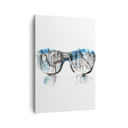 Obraz na płótnie - Akwarela miejskiej panoramy w refleksach okularów - 70x100cm - Wielkomiejski szyk - Nowoczesna dekoracja ścienna do salonu i sypialni ARTTOR