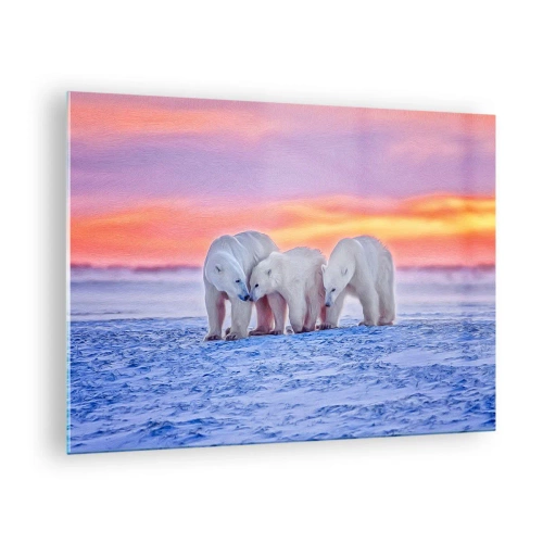 Obraz na szkle - Trzy niedźwiedzie polarne na śnieżnym tle o zachodzie słońca - 70x50cm - Wystarczy rodzinne ciepło - Nowoczesna dekoracja ścienna do salonu i sypialni ARTTOR