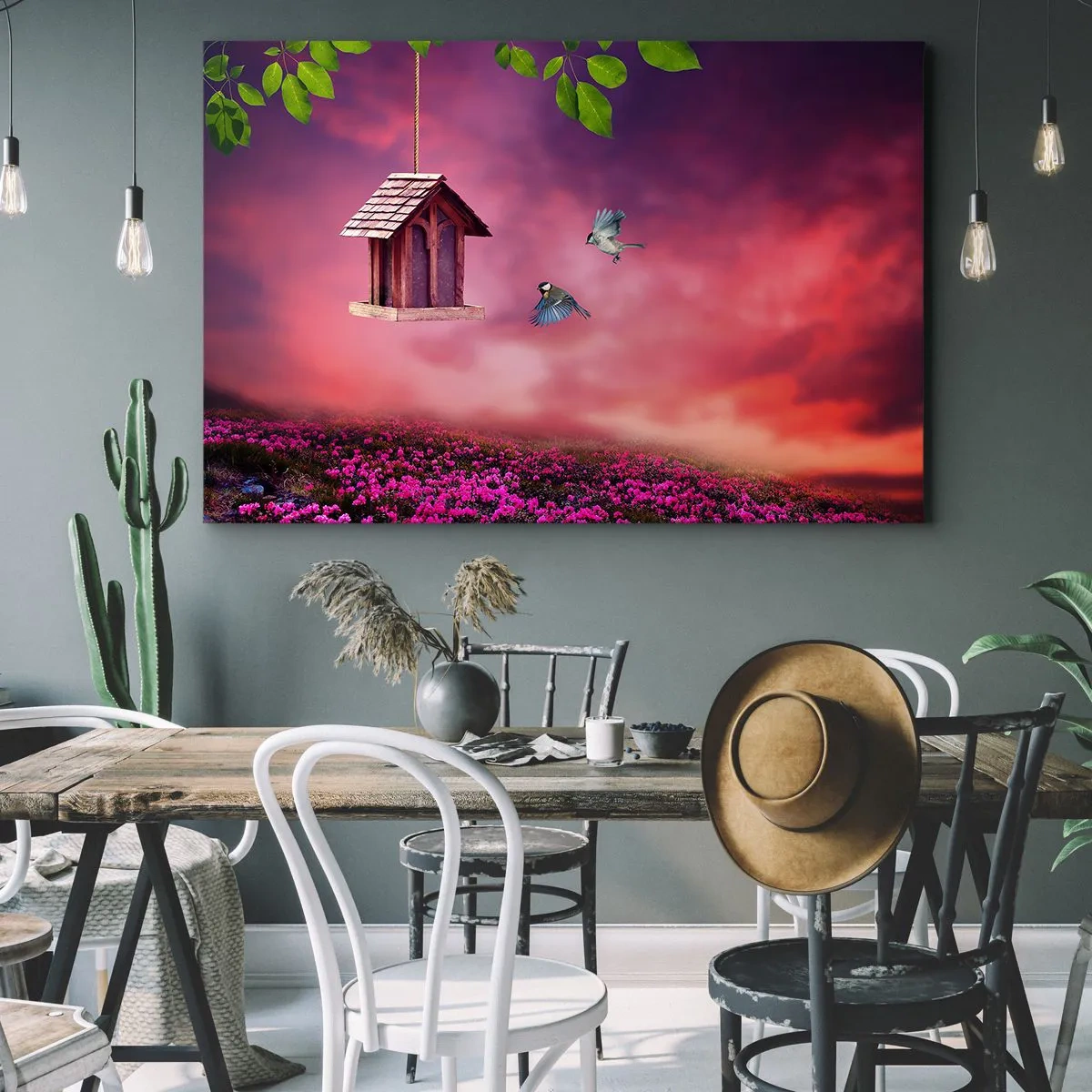 Obraz na płótnie - Malowniczy krajobraz z budką dla ptaków i zachodem słońca - 70x50cm - Zaproszenie na kolację - Nowoczesna dekoracja ścienna do salonu i sypialni ARTTOR