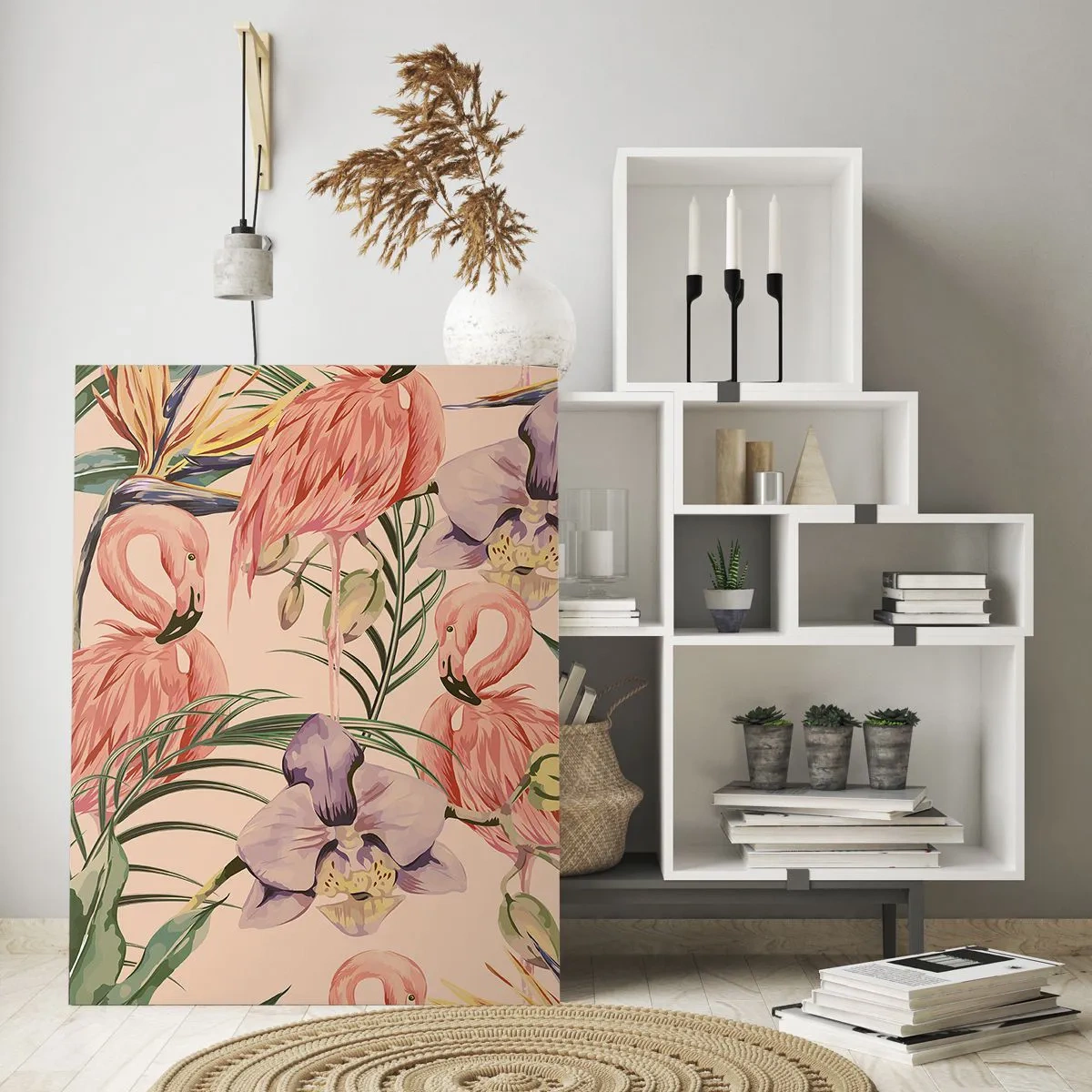 Obraz na szkle - Flamingi w otoczeniu tropikalnych kwiatów i roślin - 50x70cm - Różowy balet w kwiatach - Nowoczesna dekoracja ścienna do salonu, kuchni i sypialni ARTTOR
