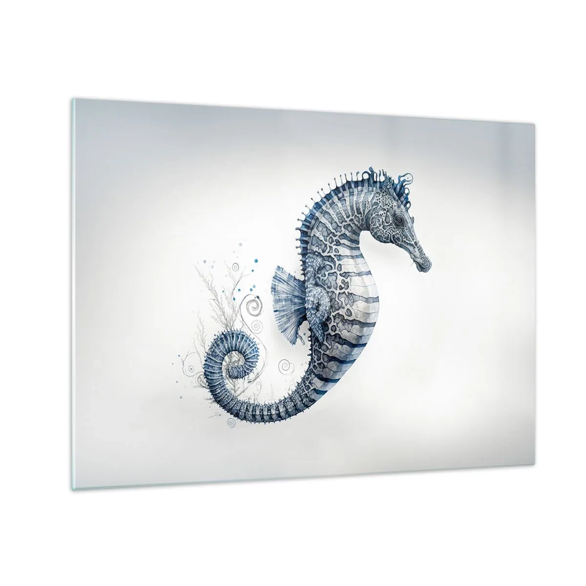 Obraz na szkle - Niebieski konik morski na jasnym tle w stylu rysunku - 70x50cm - Subtelny żart natury - Nowoczesna dekoracja ścienna do salonu i sypialni ARTTOR