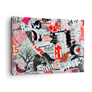 Obraz na płótnie - Kolorowy kolaż z napisami, sercami i grafikami - 70x50cm - Hipsterski kolaż - Nowoczesna dekoracja ścienna do salonu i sypialni ARTTOR