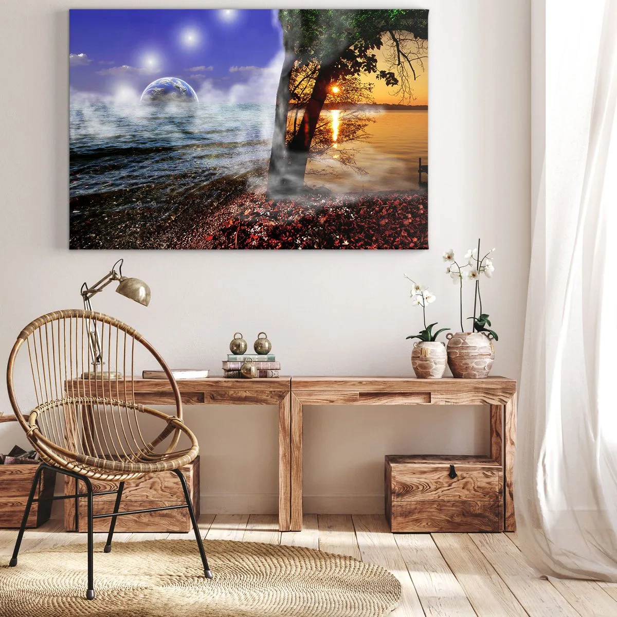 Obraz na płótnie - Fantastyczny krajobraz z morzem, drzewem i zachodem słońca. - 70x50cm - Pejzaż surrealistyczny - jedność natury - Nowoczesna dekoracja ścienna do salonu i sypialni ARTTOR