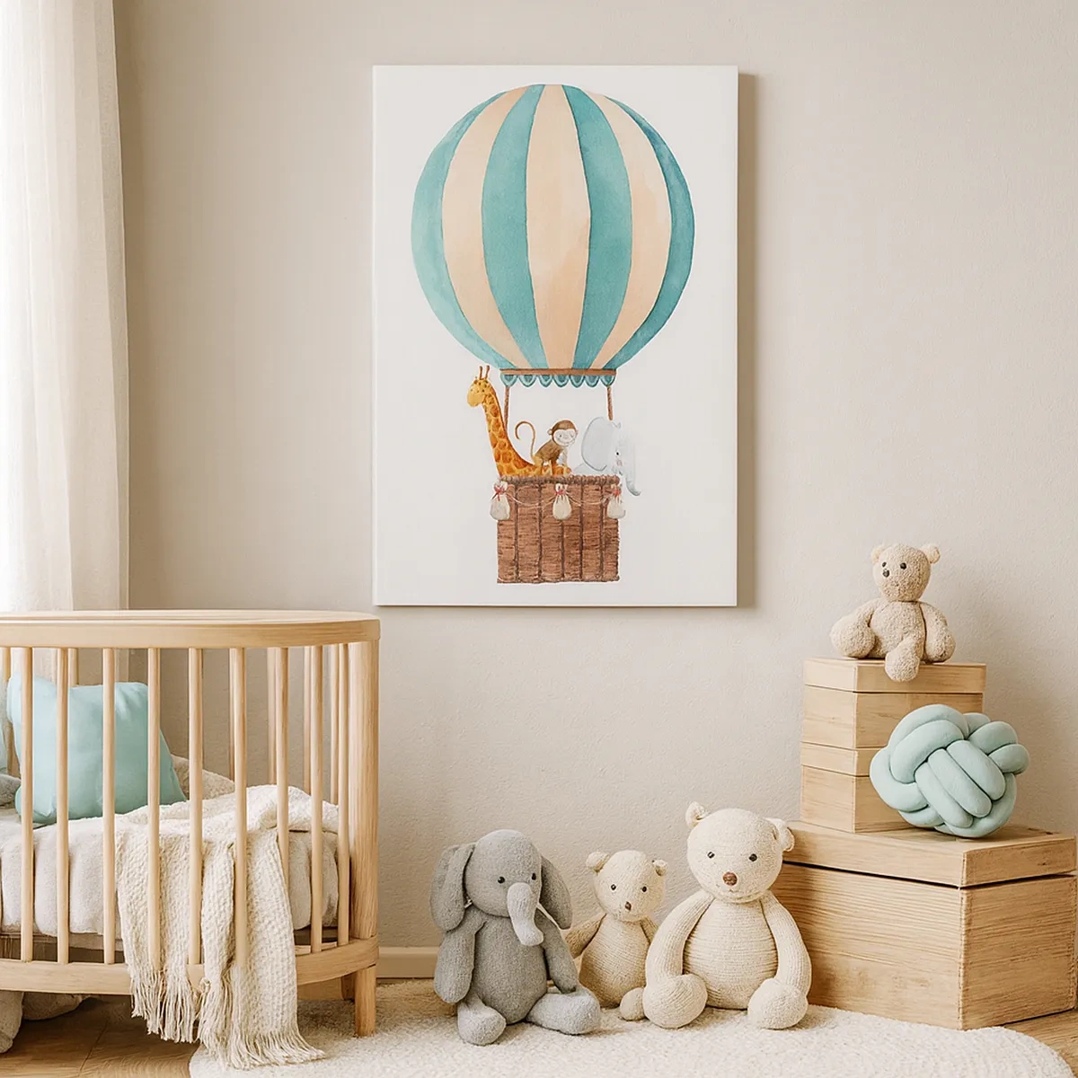 Obraz na płótnie - Ilustracja balonu na gorące powietrze z uroczymi zwierzętami - 50x70cm - Fantastyczna wycieczka - Nowoczesna dekoracja ścienna do salonu, kuchni i sypialni ARTTOR