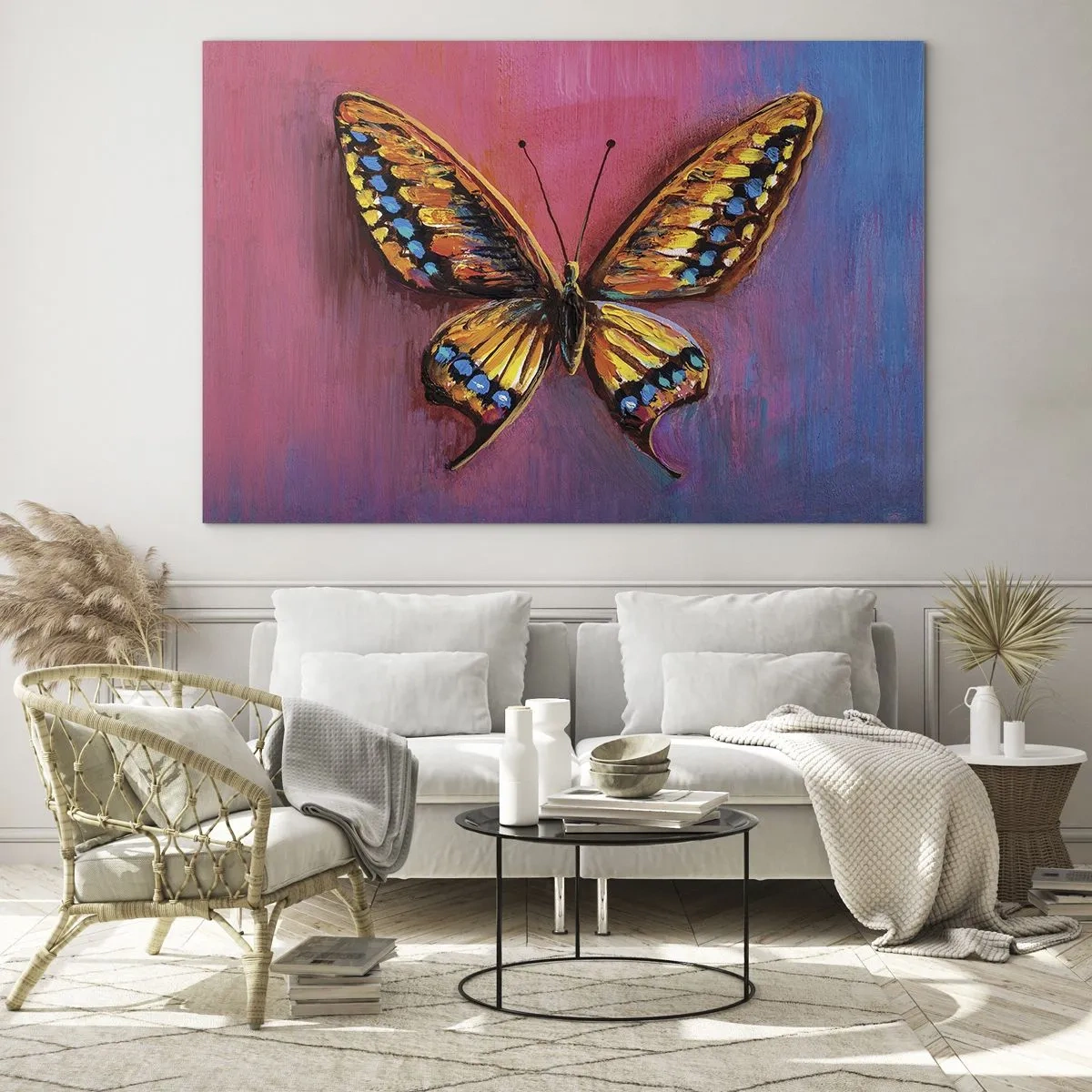Obraz na szkle - Kolorowy motyl na tle w odcieniach różu i fioletu - 70x50cm - Klejnot natury - Nowoczesna dekoracja ścienna do salonu i sypialni ARTTOR