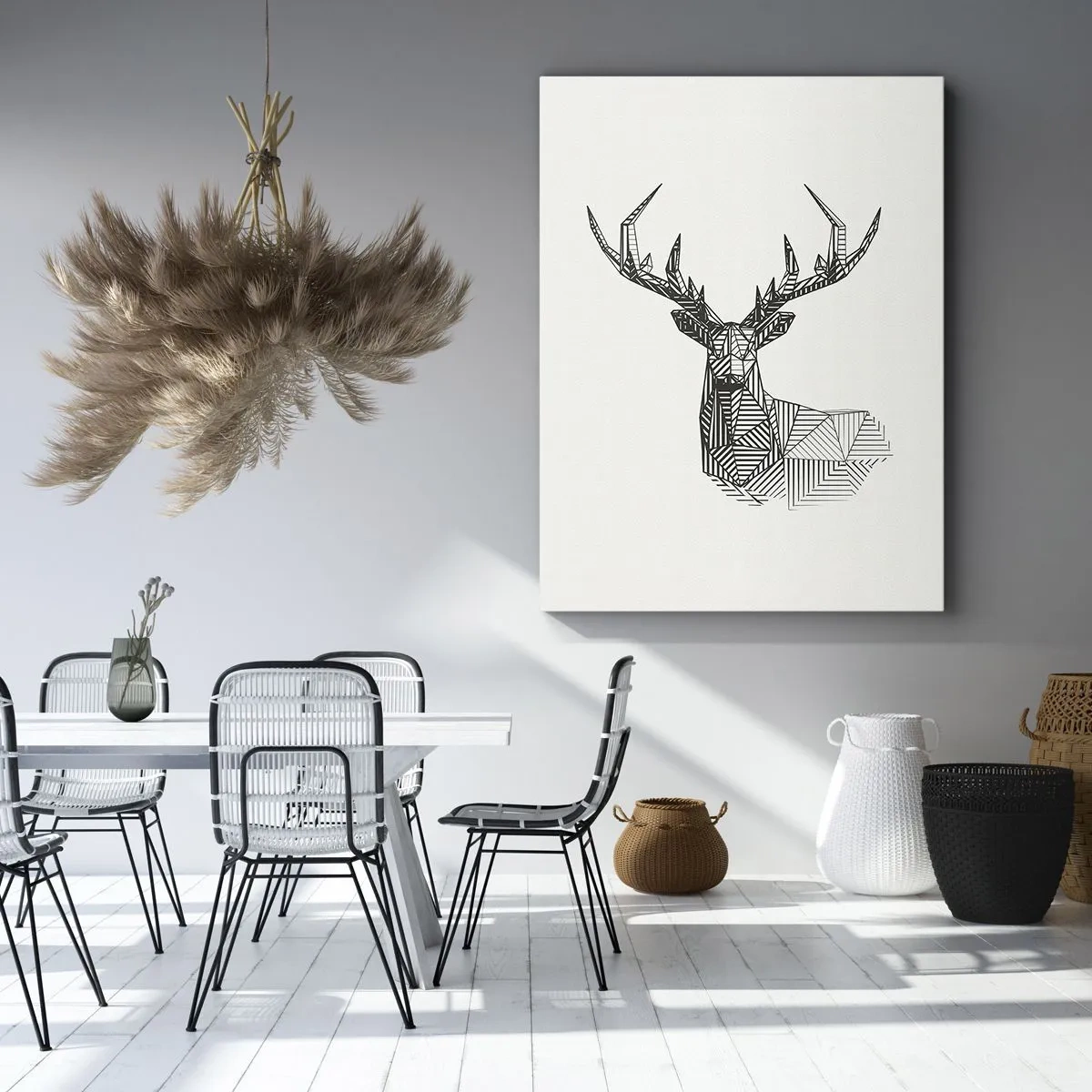 Obraz na płótnie - Geometryczny jeleń w stylu kubistycznym na jasnym tle - 50x70cm - Jeleń w kubistycznym stylu - Nowoczesna dekoracja ścienna do salonu, kuchni i sypialni ARTTOR