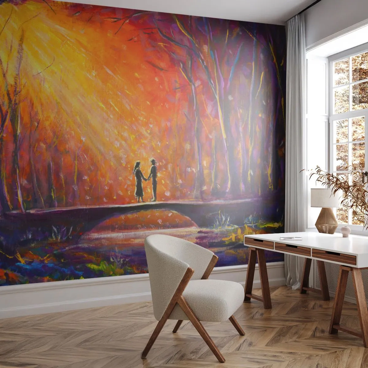 Fototapeta Premium Sand - Para na moście w magicznym lesie o zachodzie słońca - 100x70cm - Niebo ich też kocha - Nowoczesna dekoracja ścienna do salonu, kuchni i sypialni ARTTOR