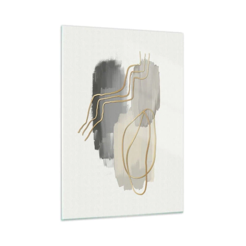 Obraz na szkle - Abstrakcja z szarymi plamami i złotymi liniami na jasnym tle - 50x70cm - Trwanie i ruch - Nowoczesna dekoracja ścienna do salonu, kuchni i sypialni ARTTOR