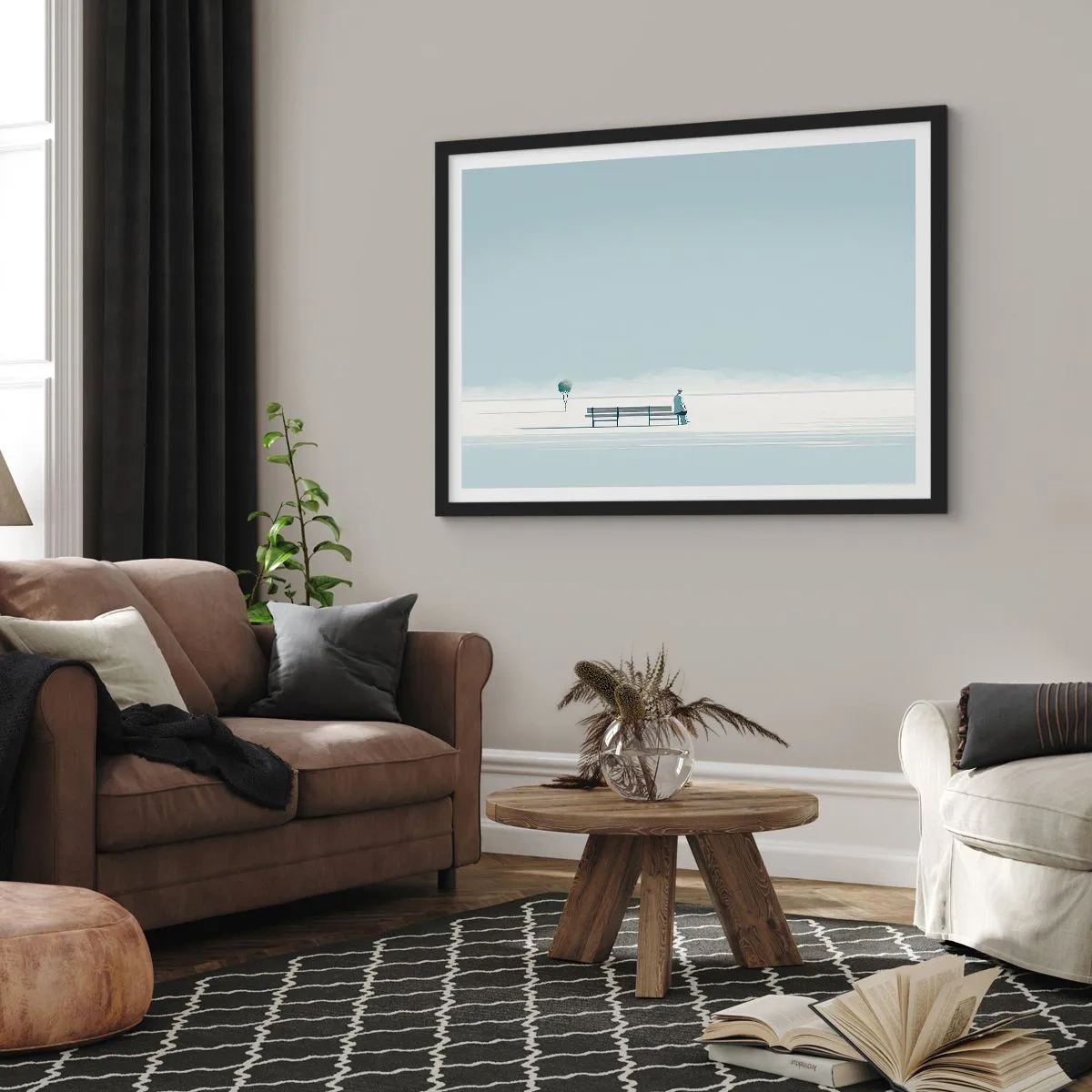 Plakat w czarnej ramie - Osoba siedząca na ławce w minimalistycznym krajobrazie - 100x70cm - Tak, czekam. - Nowoczesna dekoracja ścienna do salonu i sypialni ARTTOR