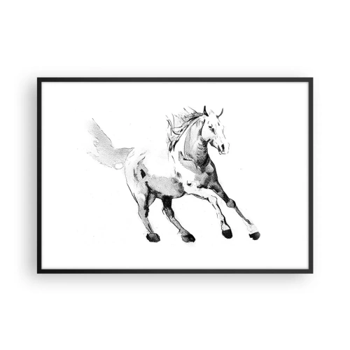 Plakat w czarnej ramie - Szkic galopującego konia w odcieniach czerni i bieli - 100x70cm - Nieujarzmiona dusza - Nowoczesna dekoracja ścienna do salonu i sypialni ARTTOR