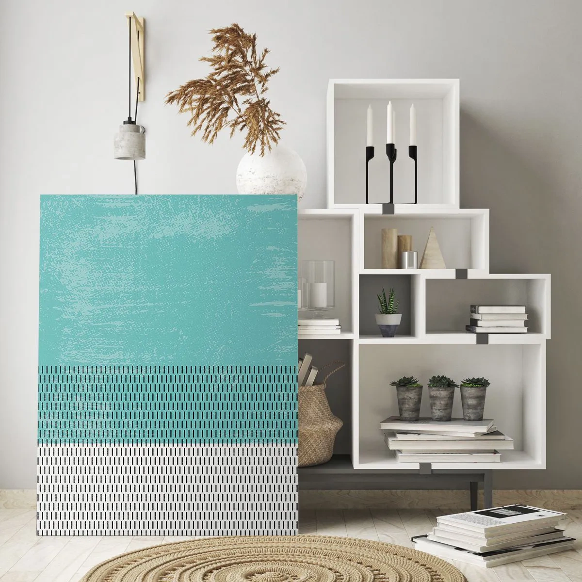 Obraz na szkle - Nowoczesna abstrakcja w turkusowo-białej kolorystyce - 50x70cm - Kompozycja zrównoważona - Nowoczesna dekoracja ścienna do salonu, kuchni i sypialni ARTTOR