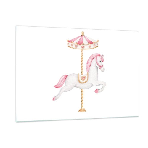 Obraz na szkle - Różowo-biały konik z karuzeli na białym tle - 120x80cm - Ruszył z kopyta - Nowoczesna dekoracja ścienna do salonu, kuchni i sypialni ARTTOR