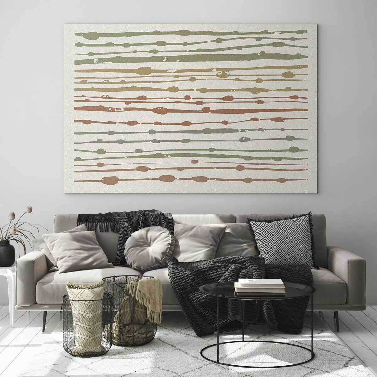 Obraz na szkle - Kolorowe linie i plamy układające się w rytmiczną kompozycję - 70x50cm - Muzyczny zapis barw - Nowoczesna dekoracja ścienna do salonu i sypialni ARTTOR