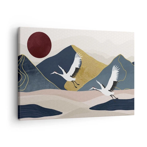Obraz na płótnie - Żurawie w locie na tle gór i czerwonego słońca - 70x50cm - I znowu ZLECIAŁ dzień - Nowoczesna dekoracja ścienna do salonu i sypialni ARTTOR