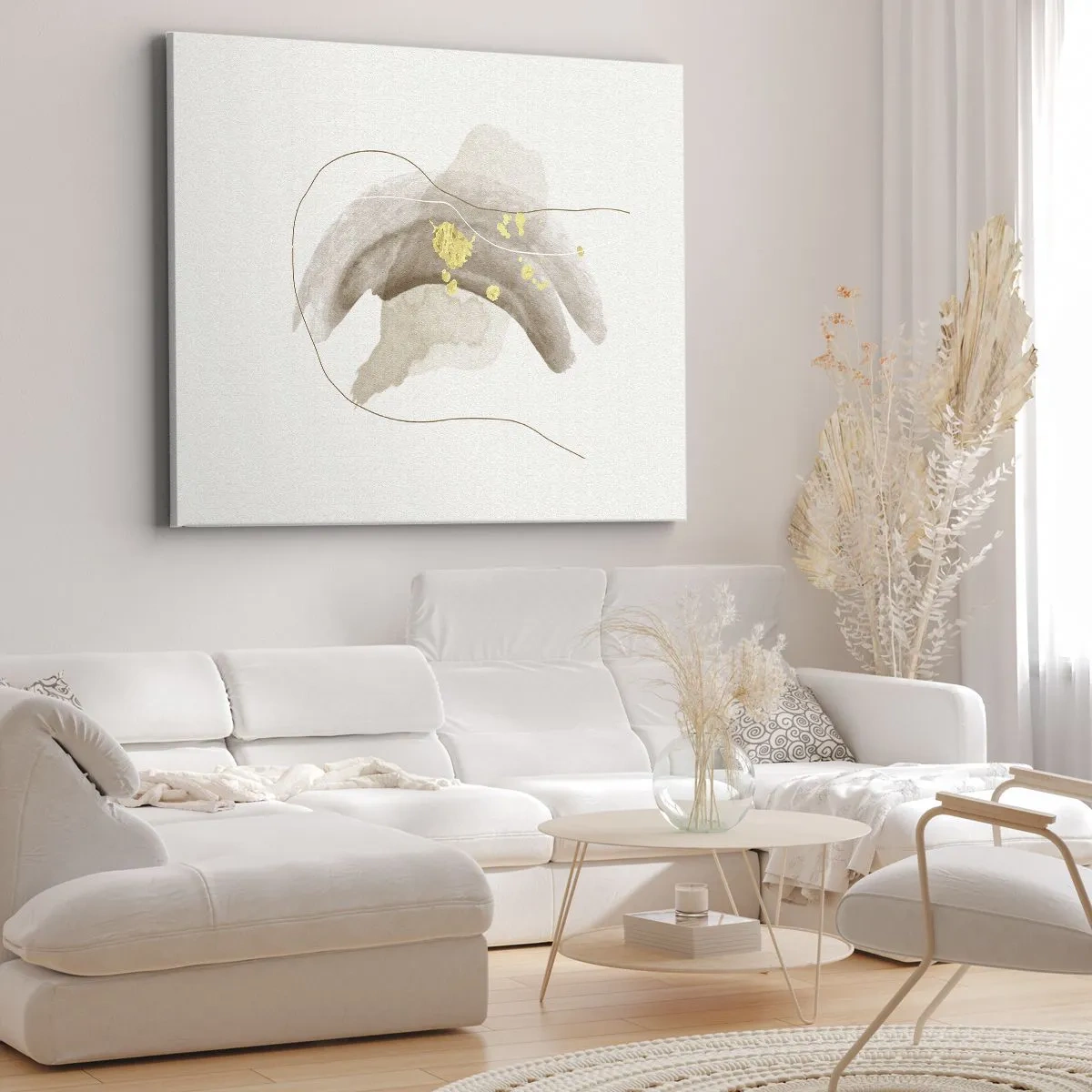 Obraz na płótnie - Abstrakcyjna kompozycja w odcieniach beżu i złota - 70x50cm - Napotkane w przestrzeni - Nowoczesna dekoracja ścienna do salonu i sypialni ARTTOR
