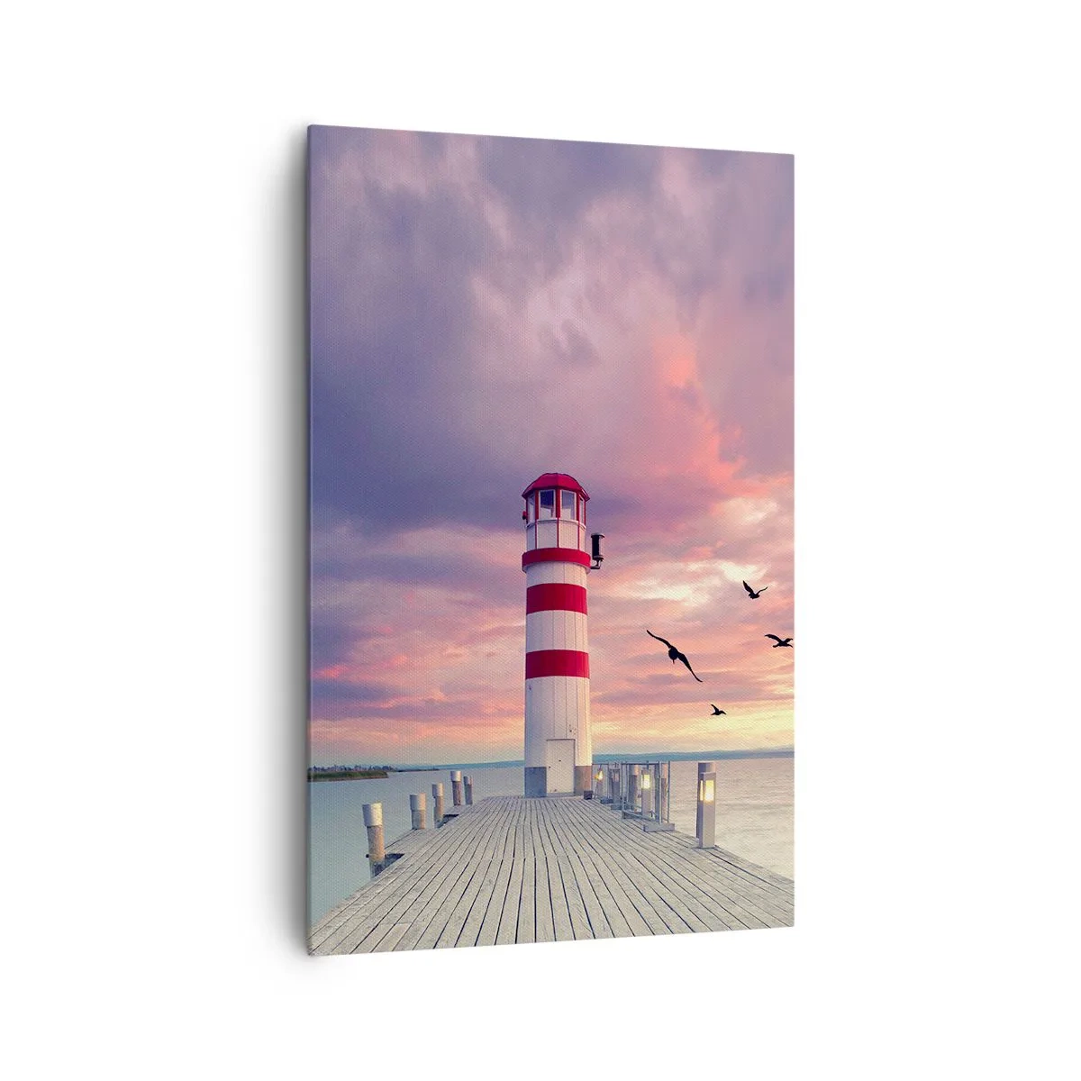 Obraz na płótnie - Latarnia morska na molo w otoczeniu malowniczego zachodu słońca - 80x120cm - Pora do portu - Nowoczesna dekoracja ścienna do salonu i sypialni ARTTOR