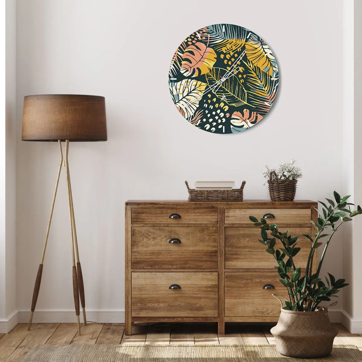 Zegar ścienny - Kolorowy wzór tropikalnych liści na ciemnym tle - 30x30cm - Liściasta fantazja - Nowoczesna dekoracja ścienna do salonu, kuchni i sypialni ARTTOR