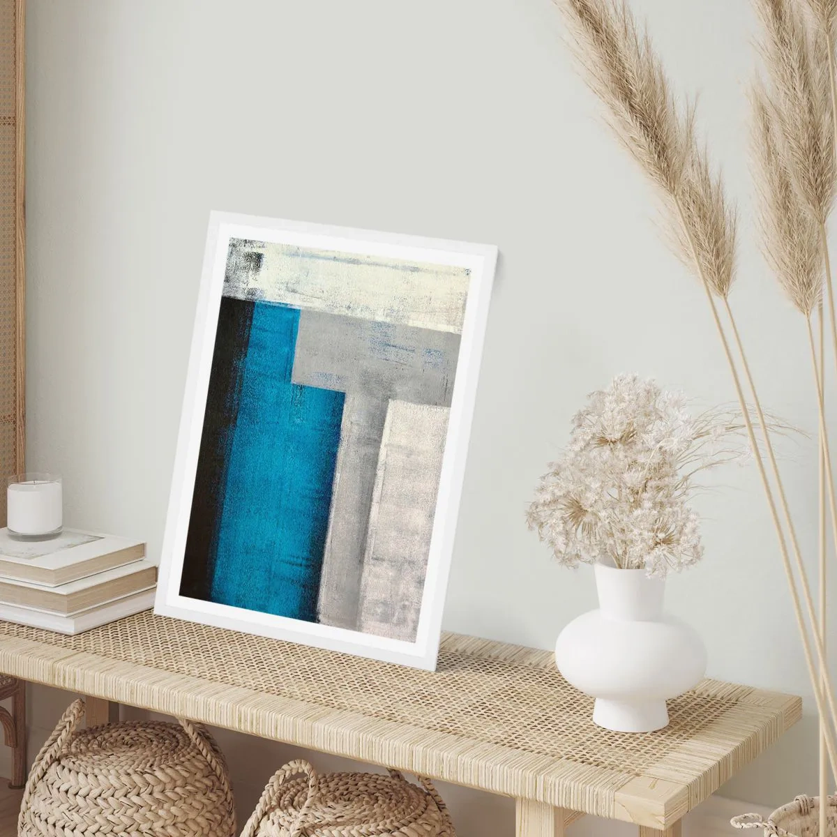 Plakat w białej ramie - Kompozycja poetycka szarości i błękitu - 61x91 cm