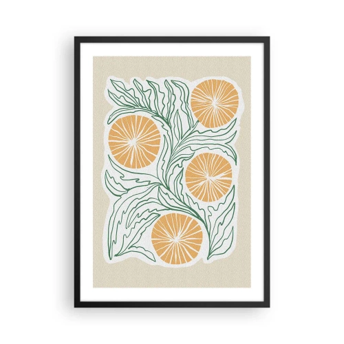 Plakat w czarnej ramie - Abstrakcyjna kompozycja liści i pomarańczy na beżowym tle - 50x70cm - Etnicznie z nutą abstrakcji - Nowoczesna dekoracja ścienna do salonu i sypialni ARTTOR