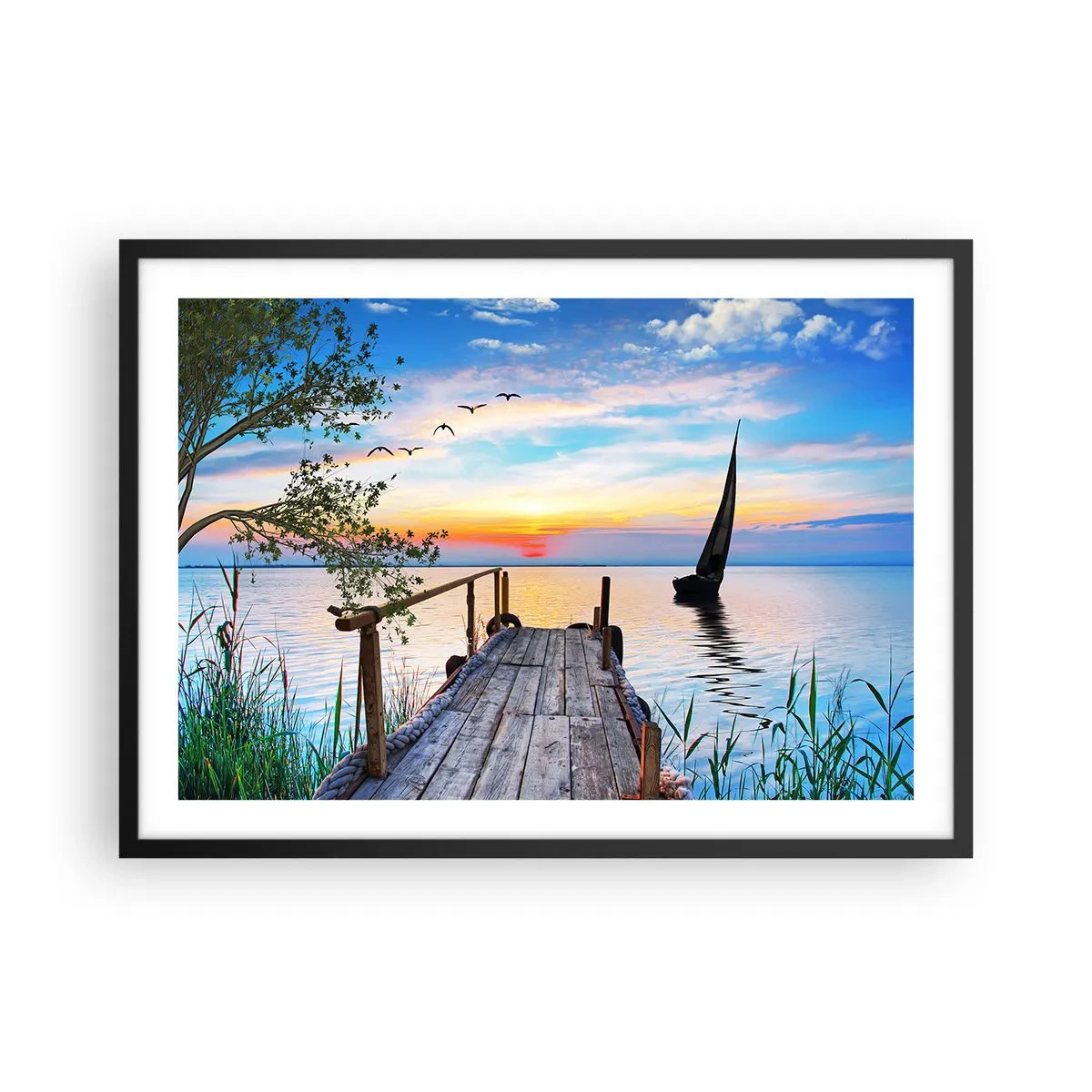 Plakat w czarnej ramie - Molo nad jeziorem z łodzią i zachodem słońca - 70x50cm - Dobry wieczór - Nowoczesna dekoracja ścienna do salonu i sypialni ARTTOR