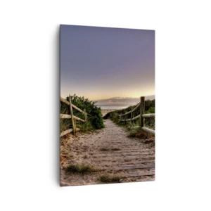 Obraz na płótnie - Drewniana ścieżka na wydmach prowadząca na plażę o zachodzie słońca - 80x120cm - Już widać cel - Nowoczesna dekoracja ścienna do salonu i sypialni ARTTOR