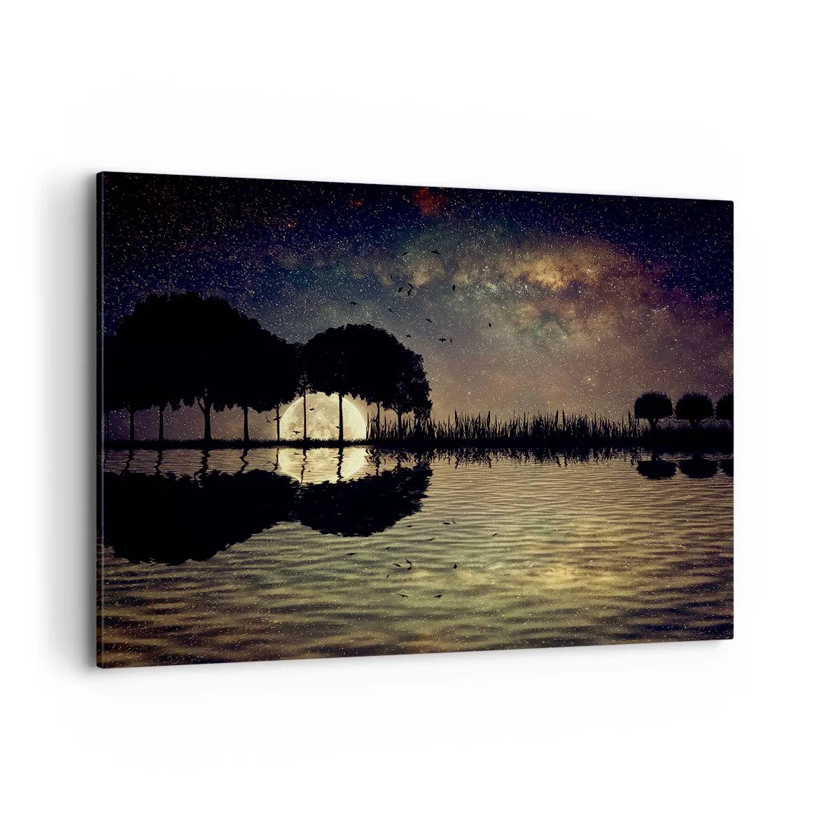Obraz na płótnie - Magiczna noc z drzewami i odbiciem księżyca na wodzie - 100x70cm - Noc na krańcu świata - Nowoczesna dekoracja ścienna do salonu, kuchni i sypialni ARTTOR