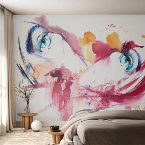 Fototapeta Premium Canvas - Abstrakcyjna twarz z wyrazistymi oczami i akcentami w czerwieni - 100x70cm - W bliskości świat rozkwita - Nowoczesna dekoracja ścienna do salonu i sypialni ARTTOR