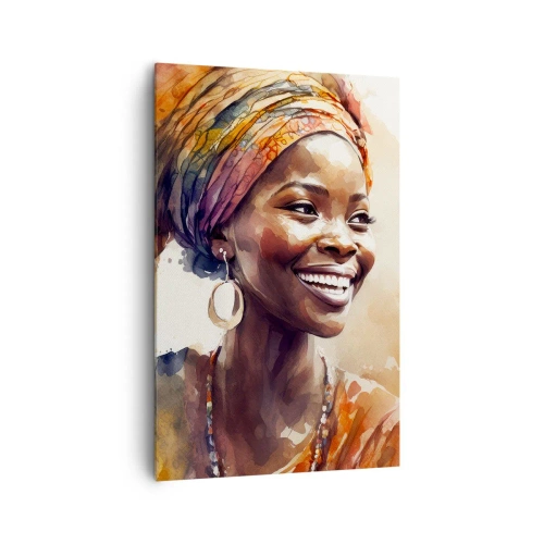 Obraz na płótnie - Portret uśmiechniętej kobiety w kolorowej chuście akwarelą - 80x120cm - Afrykańska królowa - Nowoczesna dekoracja ścienna do salonu i sypialni ARTTOR
