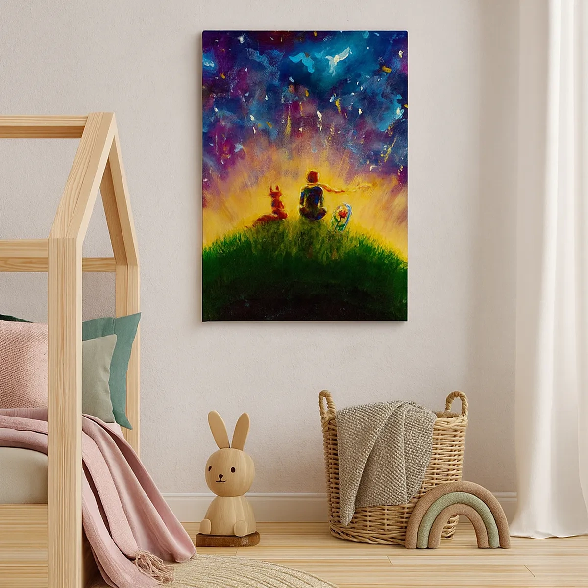 Obraz na płótnie - Chłopiec i lis w magicznej scenerii na wzgórzu - 50x70cm - Miłość i przyjaźń - cały świat - Nowoczesna dekoracja ścienna do salonu, kuchni i sypialni ARTTOR