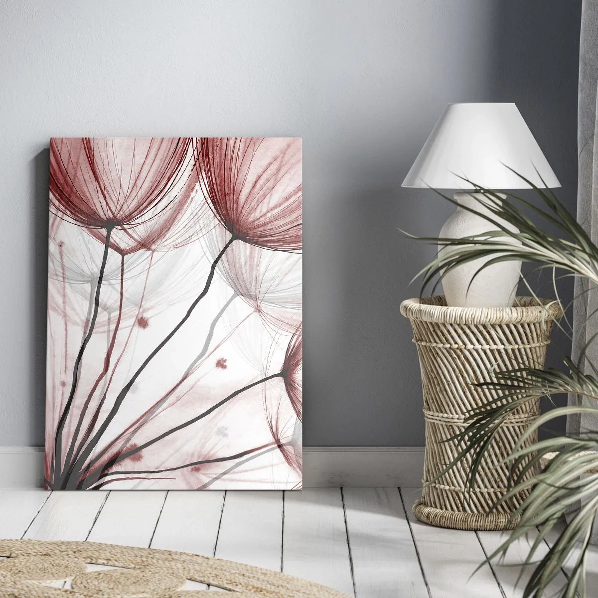 Obraz na płótnie - Delikatne kwiaty w odcieniach czerwieni na jasnym tle - 70x100cm - Przed odlotem - Nowoczesna dekoracja ścienna do salonu i sypialni ARTTOR