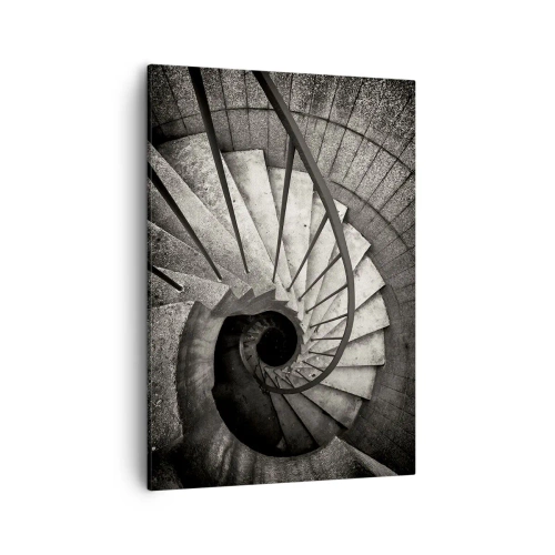 Obraz na płótnie - Czarno-biała fotografia spiralnych schodów w perspektywie z góry - 50x70cm - Schodami w górę, schodami w dół - Nowoczesna dekoracja ścienna do salonu, kuchni i sypialni ARTTOR