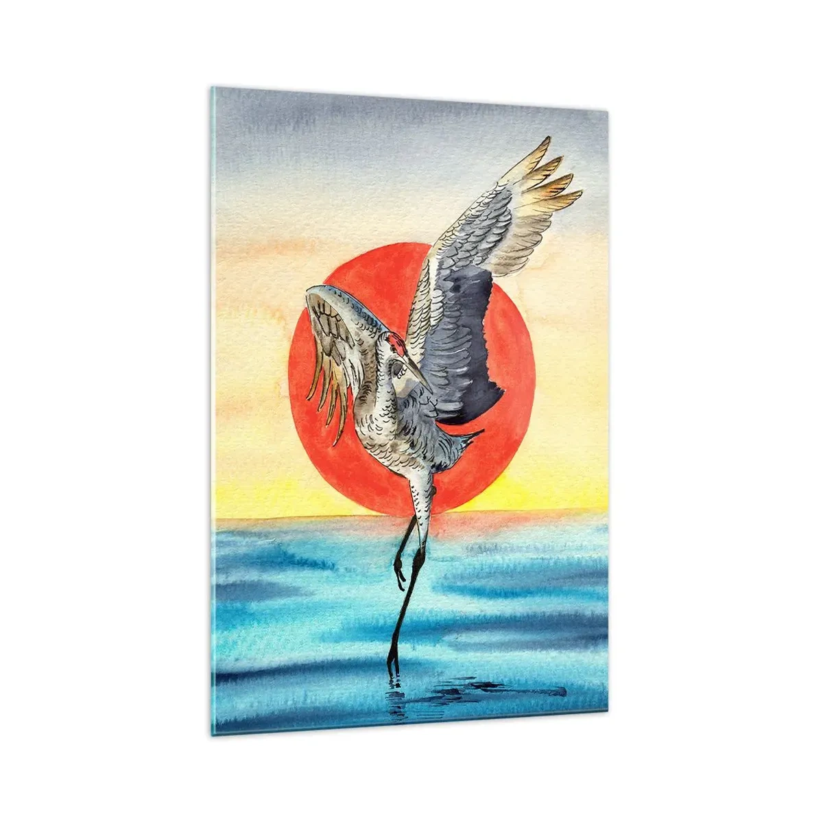 Obraz na szkle - Akwarelowy żuraw na tle czerwonego słońca i błękitnej wody - 70x100cm - Czas wracać - Nowoczesna dekoracja ścienna do salonu i sypialni ARTTOR