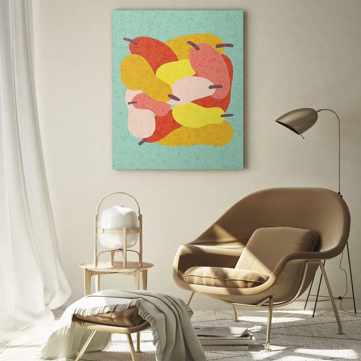 Obraz na szkle - Kolorowe gruszki w stylu graficznym na turkusowym tle - 50x70cm - Spróbuj letniego słońca - Nowoczesna dekoracja ścienna do salonu, kuchni i sypialni ARTTOR