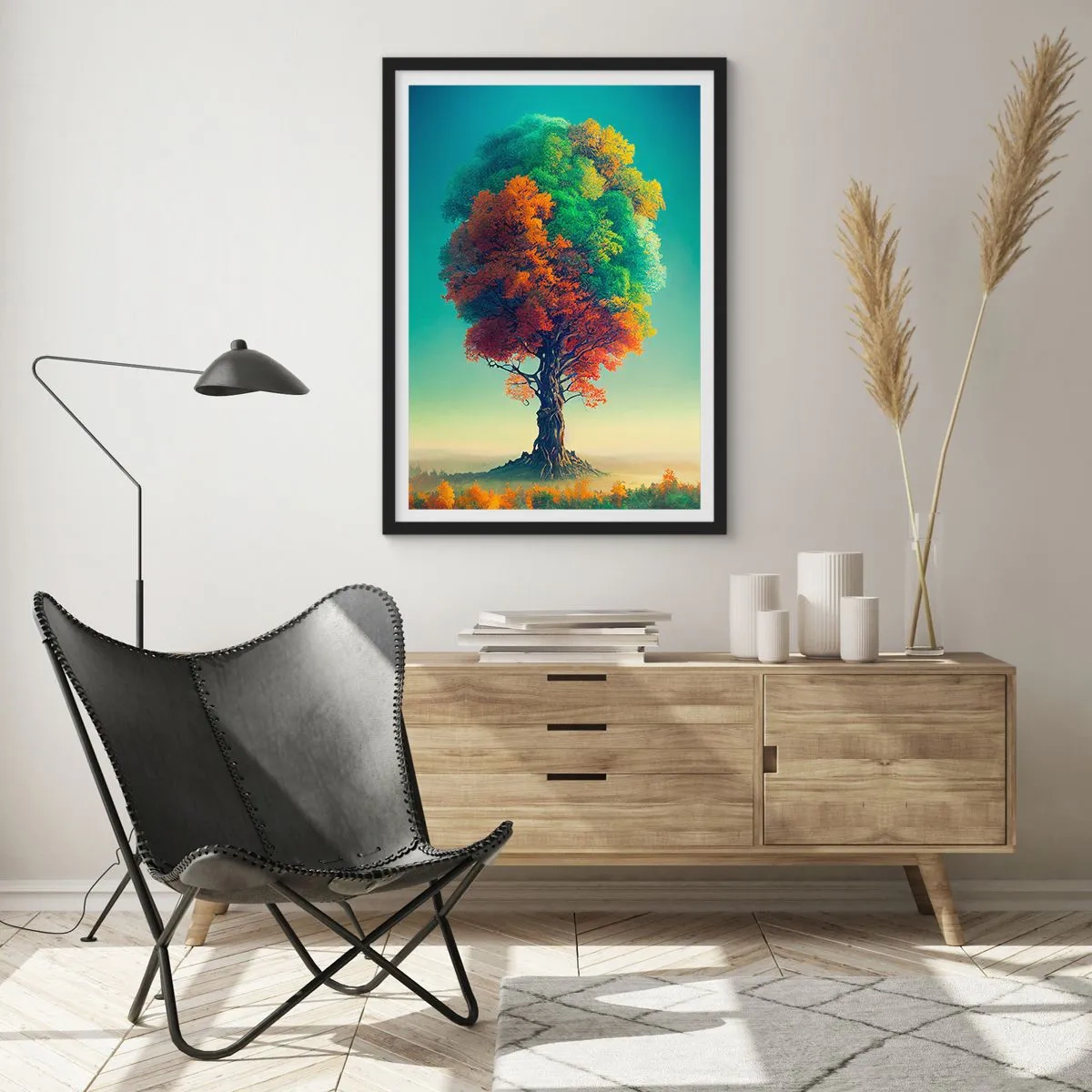 Plakat w czarnej ramie - Drzewo w barwach czterech pór roku - 50x70cm - Dąb – ojciec natury - Nowoczesna dekoracja ścienna do salonu i sypialni ARTTOR