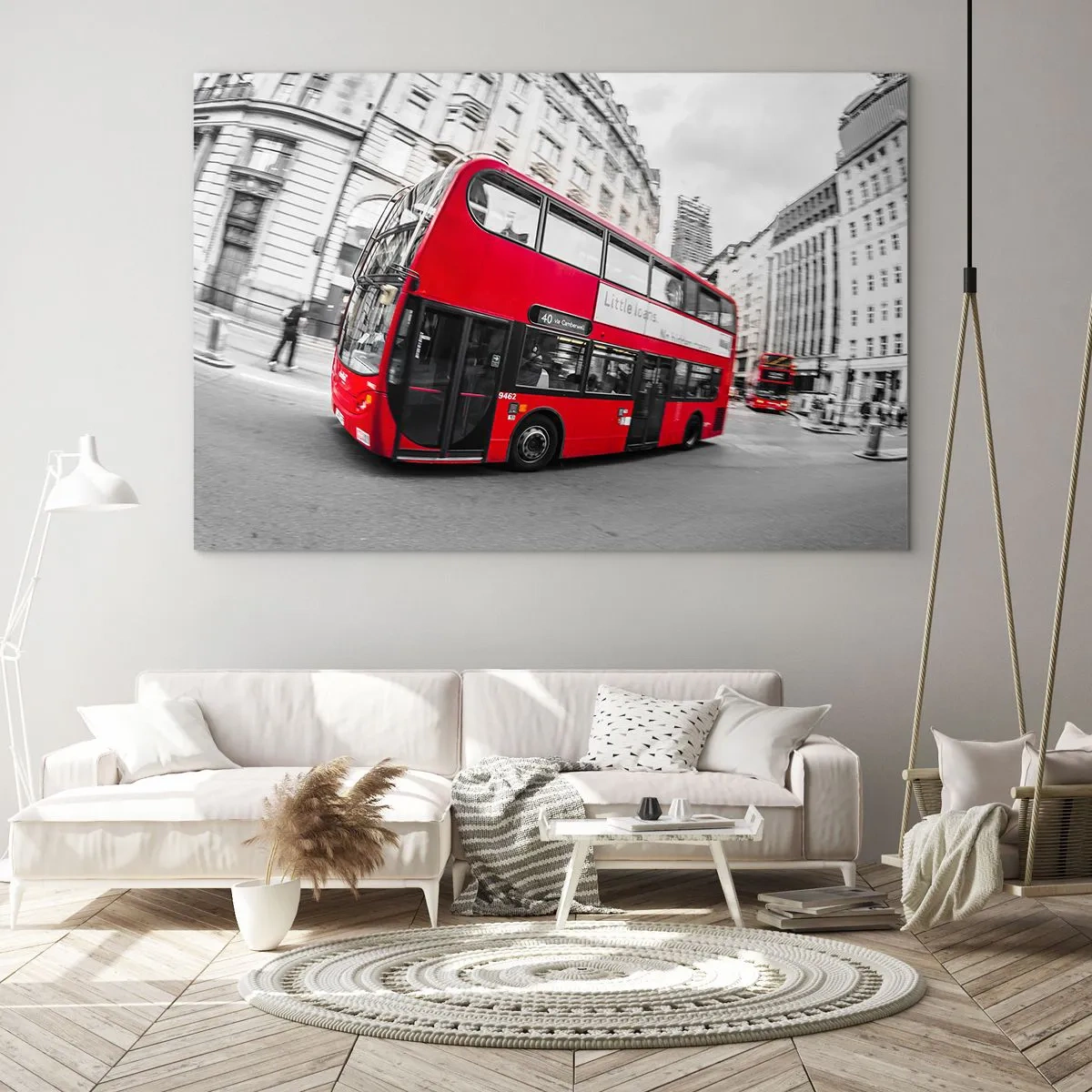 Obraz na szkle - Czerwony autobus w ruchu na tle londyńskich ulic - 120x80cm - Londyn tradycyjnie - by bus - Nowoczesna dekoracja ścienna do salonu, kuchni i sypialni ARTTOR