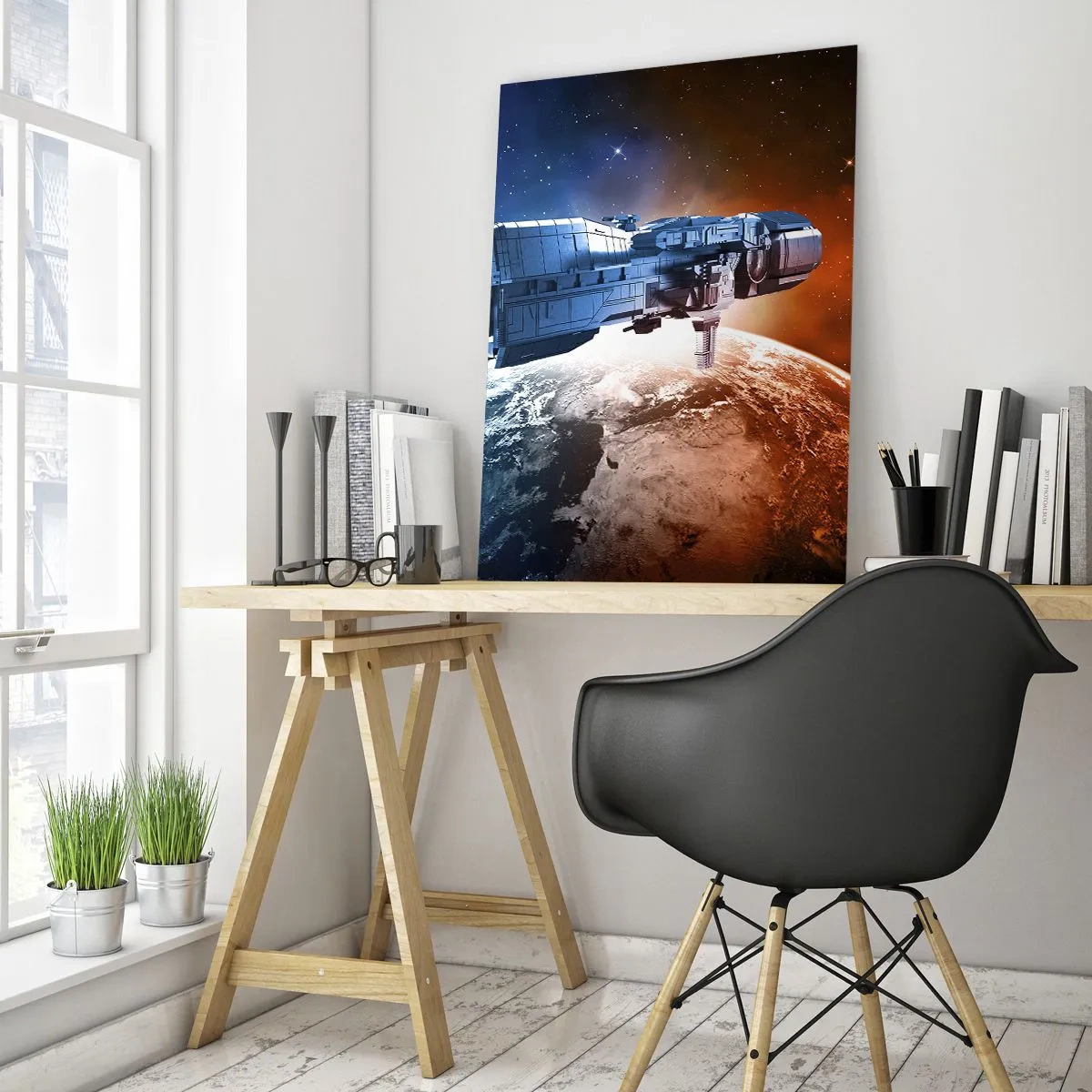Obraz na szkle - Kosmiczny statek na orbicie planety w świetle gwiazd - 50x70cm - Uważny obserwator - Nowoczesna dekoracja ścienna do salonu, kuchni i sypialni ARTTOR